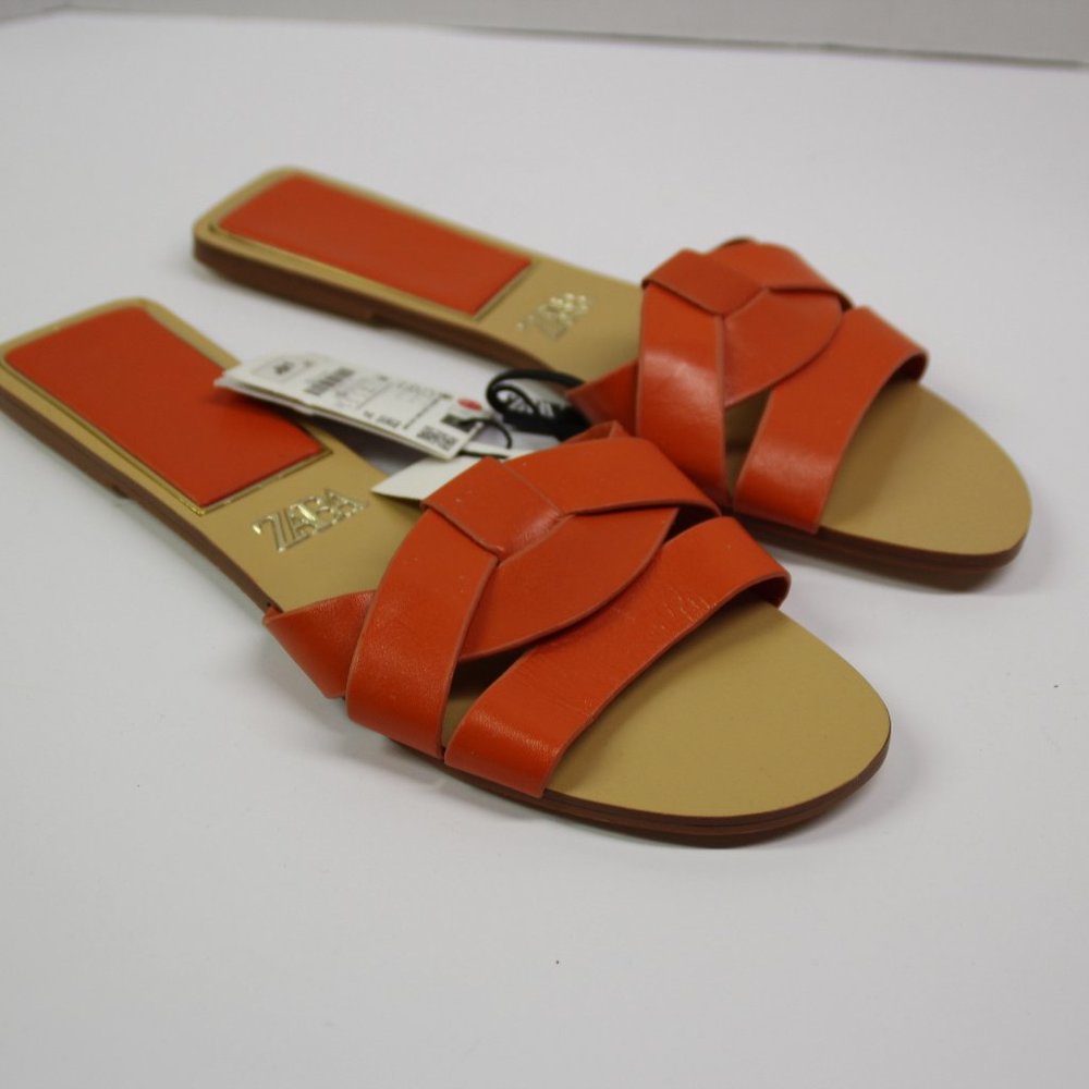 Zara Low Heeled Crossed Leather Sandals, Orange, Size 8. NWT